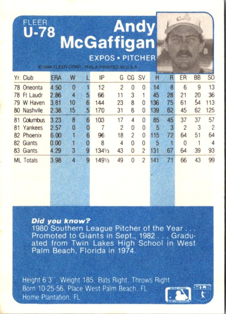1984 Fleer Update Andy McGaffigan