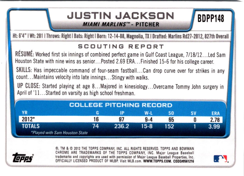 2012 Bowman Draft Picks & Prospects Chrome Justin Jackson