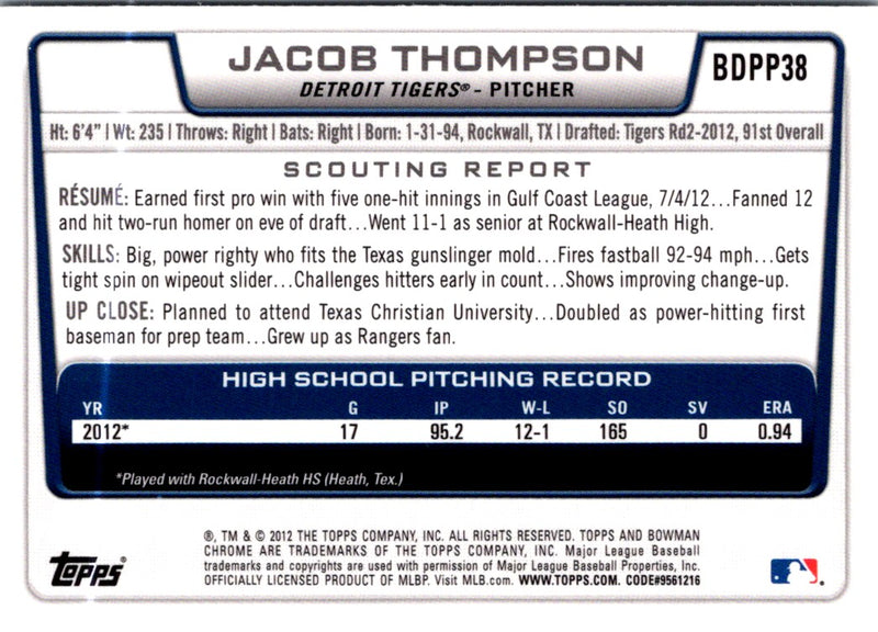 2012 Bowman Draft Picks & Prospects Chrome Jacob Thompson