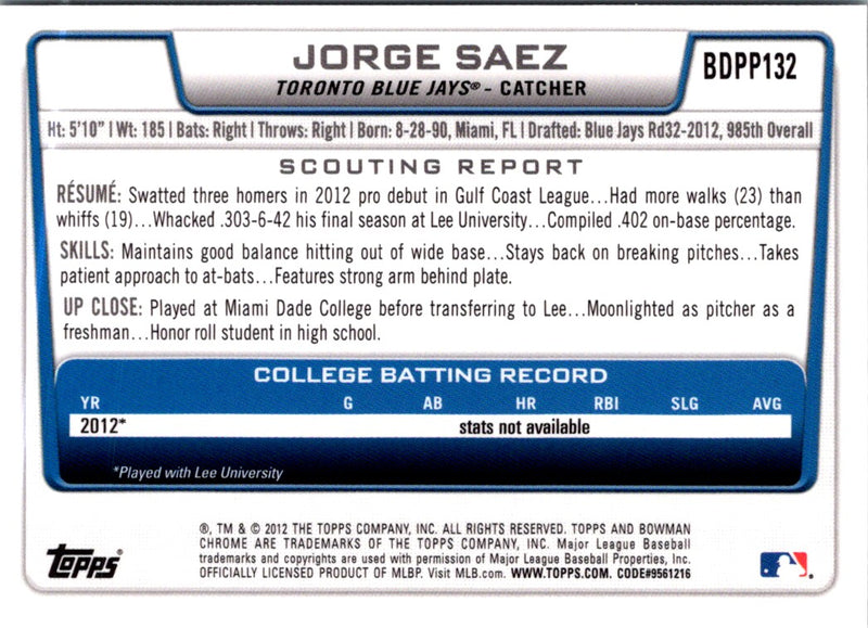 2012 Bowman Draft Picks & Prospects Jorge Saez