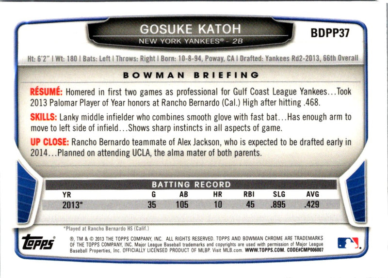 2013 Bowman Draft Picks & Prospects Chrome Gosuke Katoh