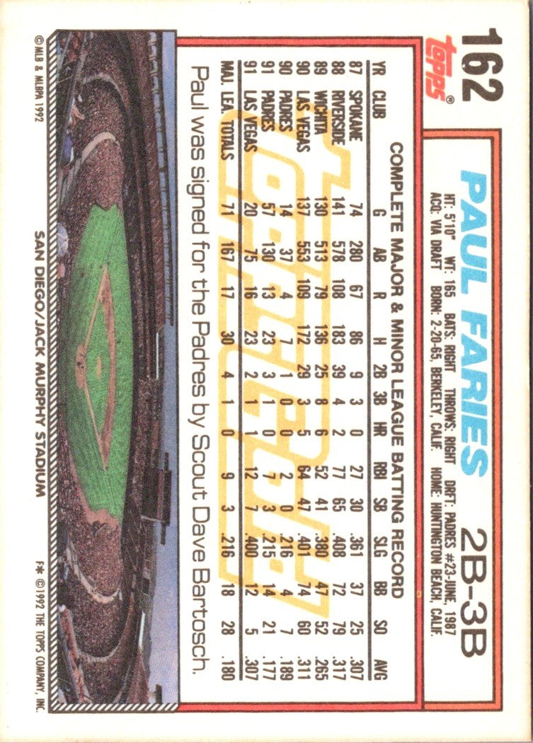 1992 Topps Gold Paul Faries