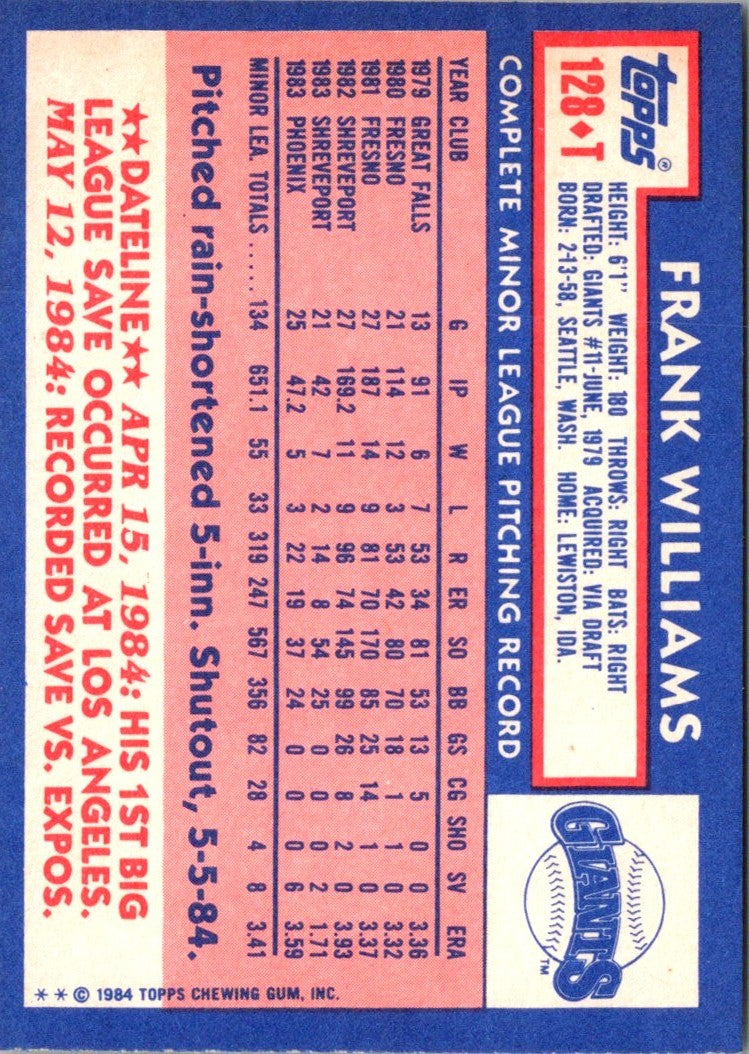 1984 Topps Traded Frank Williams