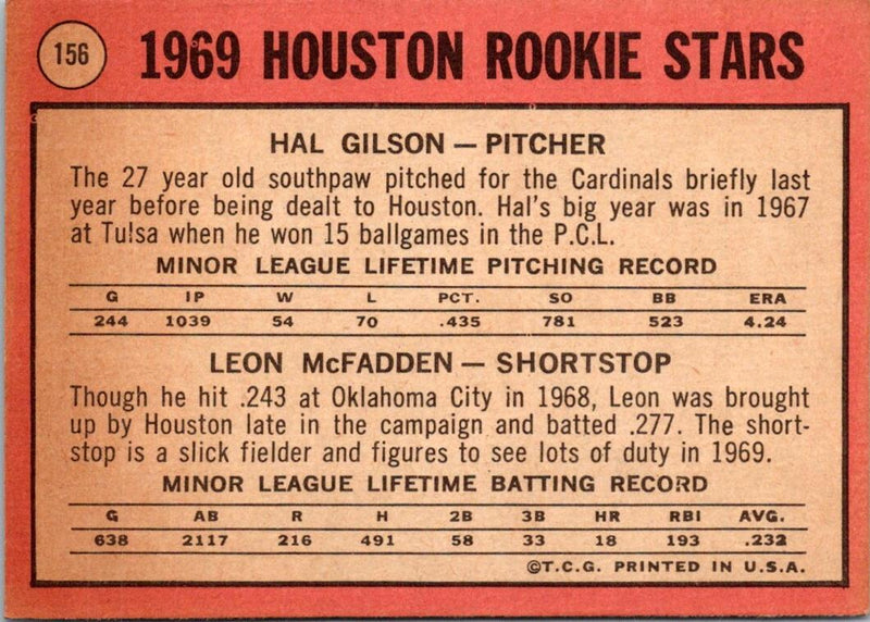 1969 Topps Astros Rookies - Hal Gilson/Leon McFadden