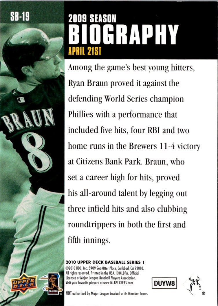 2010 Upper Deck Season Biography Ryan Braun