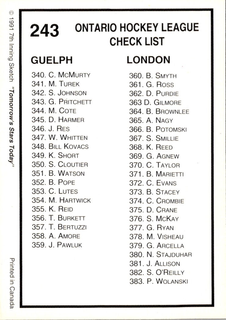1991 7th Inning Sketch OHL Checklist (291-383)