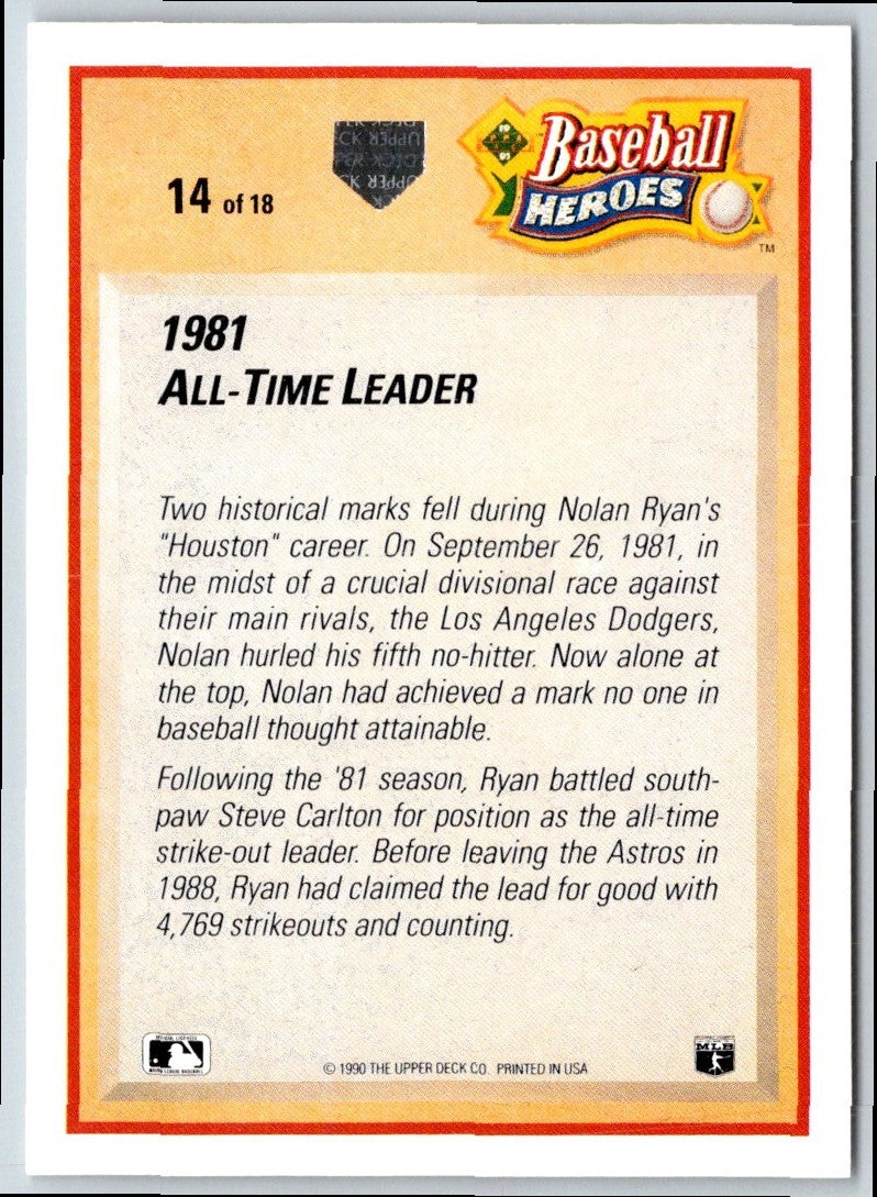 1991 Upper Deck Baseball Heroes Nolan Ryan Nolan Ryan