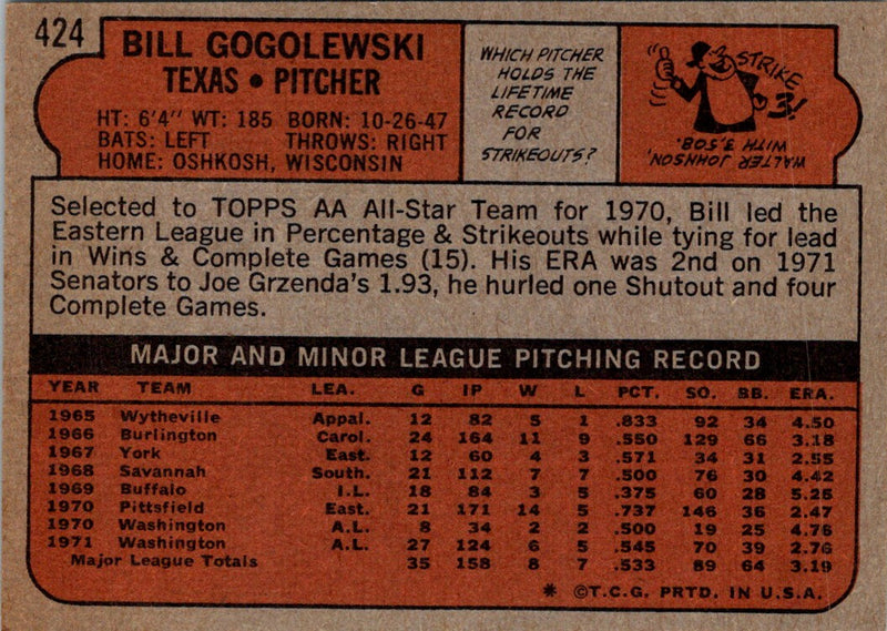 1972 Topps Bill Gogolewski