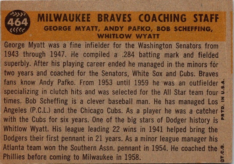 1960 Topps Milwaukee Braves Coaches-Scheffing/ Pafko/ Wyatt/ Myatt