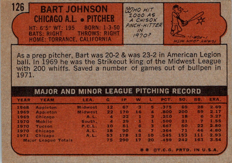 1972 Topps Bart Johnson