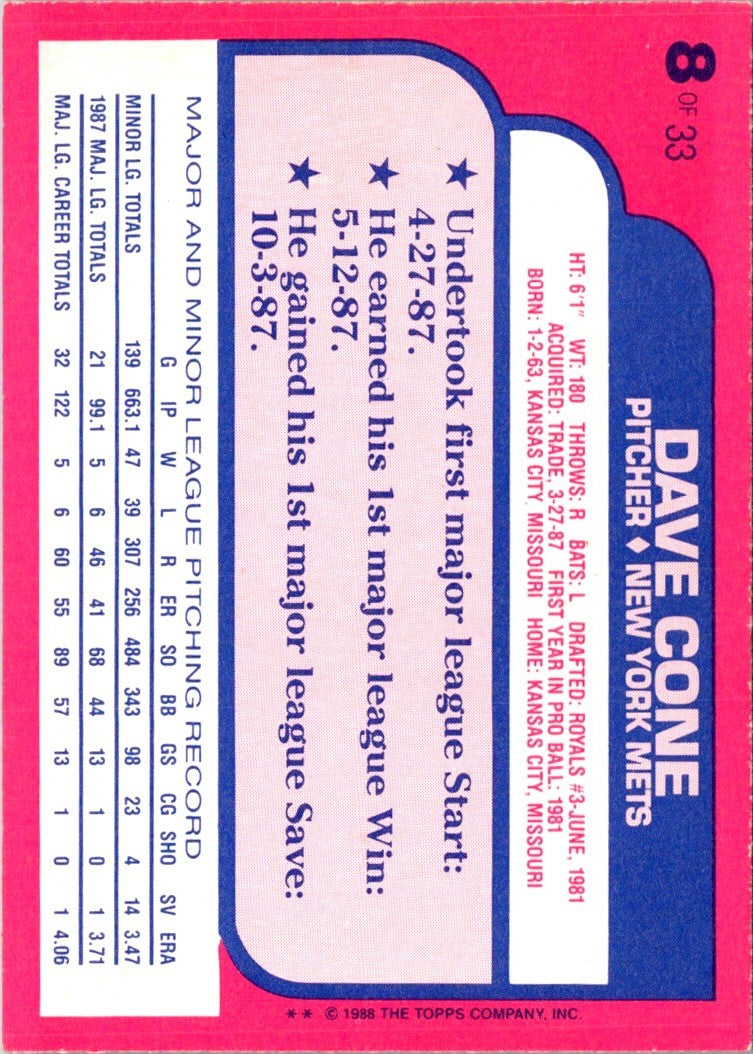 1988 Topps Toys'R'Us Rookies David Cone