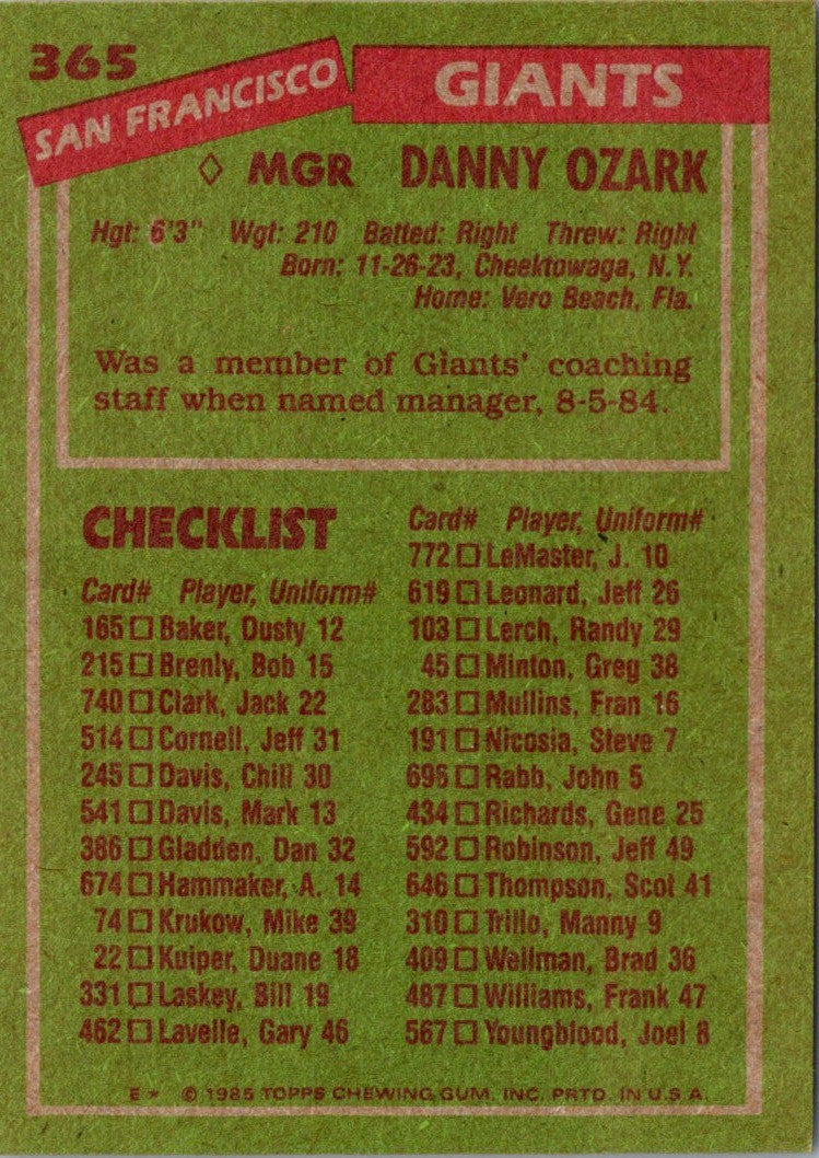 1985 Topps Danny Ozark