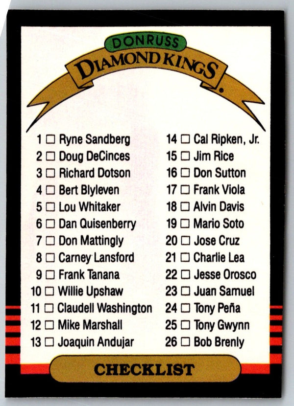 1986 Diamond Kings Checklist #NNO