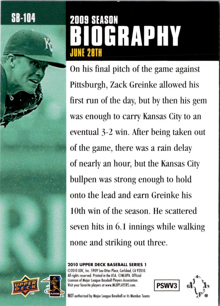 2010 Upper Deck Season Biography Zack Greinke