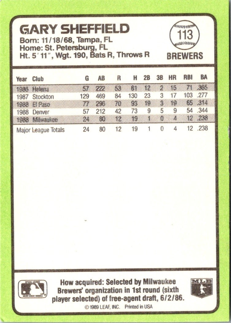 1989 Donruss Baseball's Best Gary Sheffield