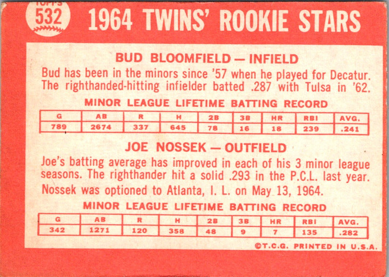 1964 Topps 1964 Twins Rookie Stars - Bud Bloomfield/Joe Nossek