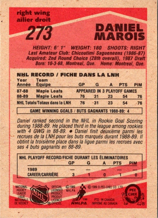1989 O-Pee-Chee Daniel Marois #273 Rookie