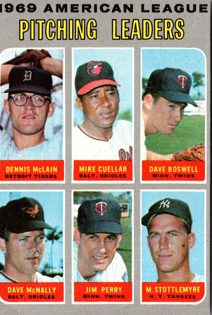 1970 Topps 1969 A.L. Pitching Leaders - Dave Boswell/Mike Cuellar/Denny McLain/Dave McNally/Jim Perry/Mel Stottlemyre