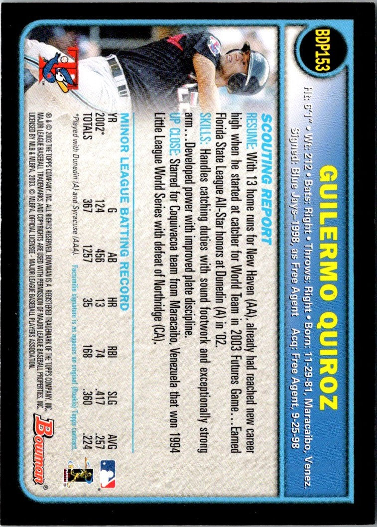 2003 Bowman Draft Picks & Prospects Gold Guillermo Quiroz