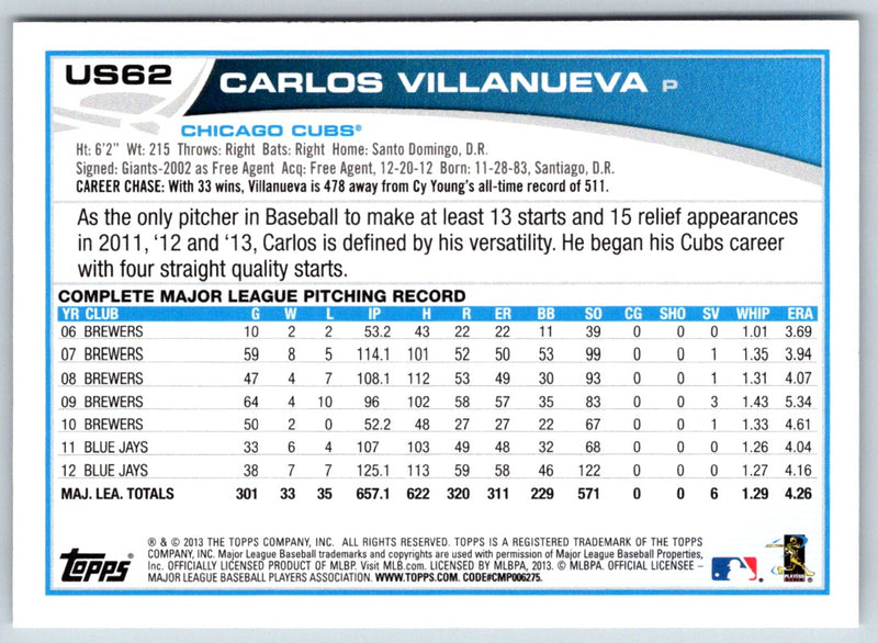 2013 Topps Update Carlos Villanueva