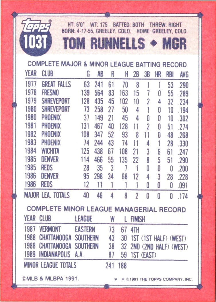 1991 Topps Traded Tom Runnells
