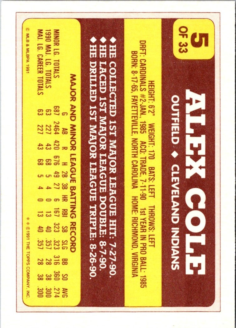 1991 Topps Toys'R'Us Rookies Alex Cole