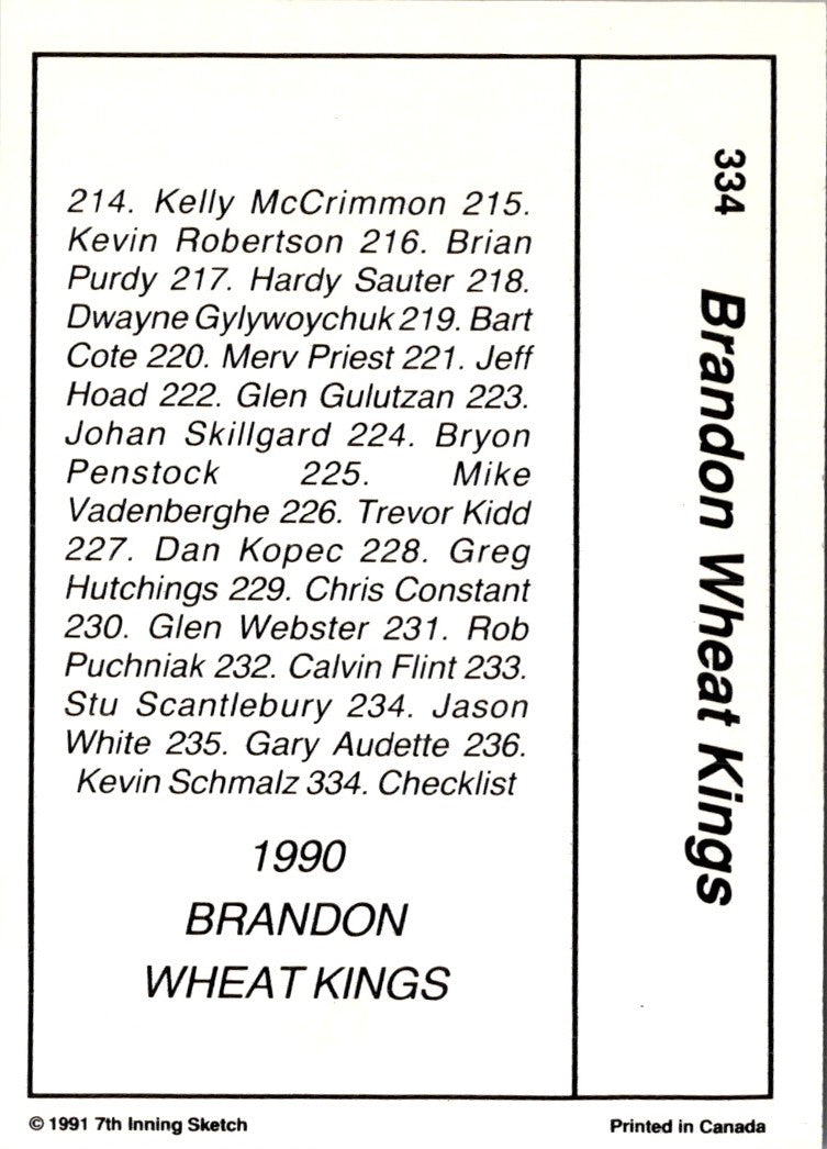 1990 7th Inning Sketch WHL Brandon Wheat Kings