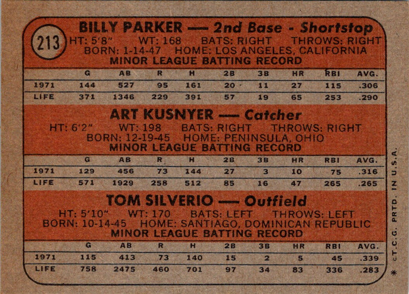 1972 Topps Angels Rookies - Billy Parker/Art Kusnyer/Tom Silverio
