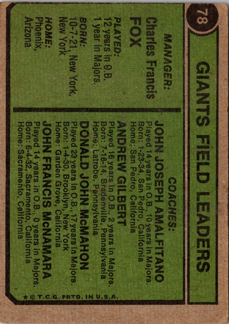 1974 Topps Charlie Fox/John McNamara/Joe Amalfitano/Andy Gilbert/Don McMahon