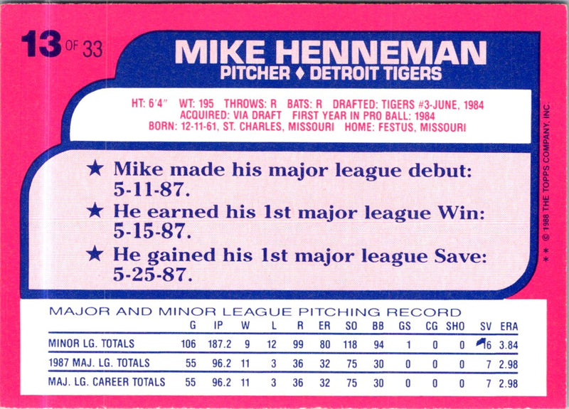 1988 Topps Toys'R'Us Rookies Mike Henneman