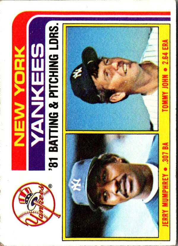 1982 Topps Yankees Team Leaders - Jerry Mumphrey/Tommy John #486
