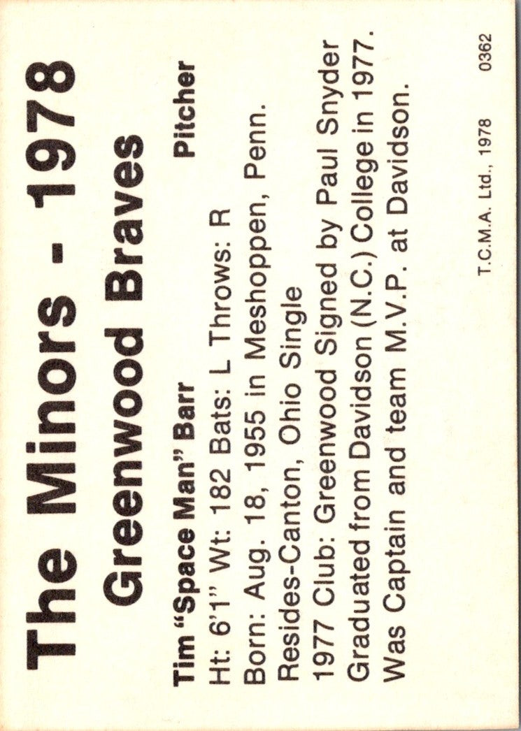 1978 TCMA Greenwood Braves Tim Barr