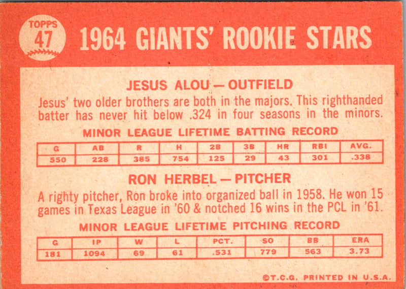1964 Topps 1964 Giants Rookie Stars - Jesus Alou/Ron Herbel