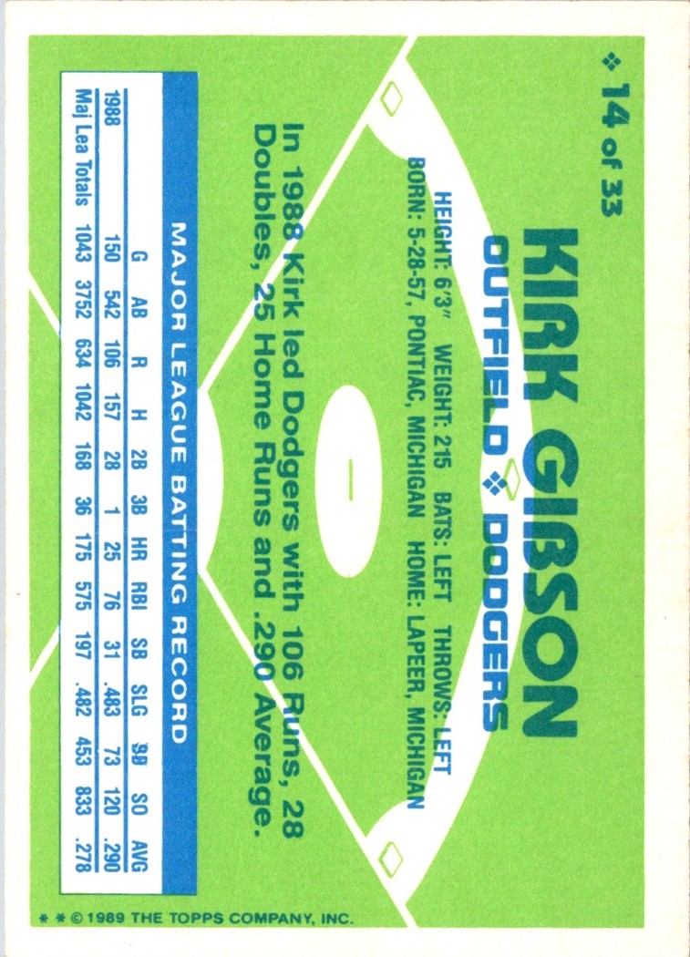 1989 Topps Hills Team MVP's Kirk Gibson