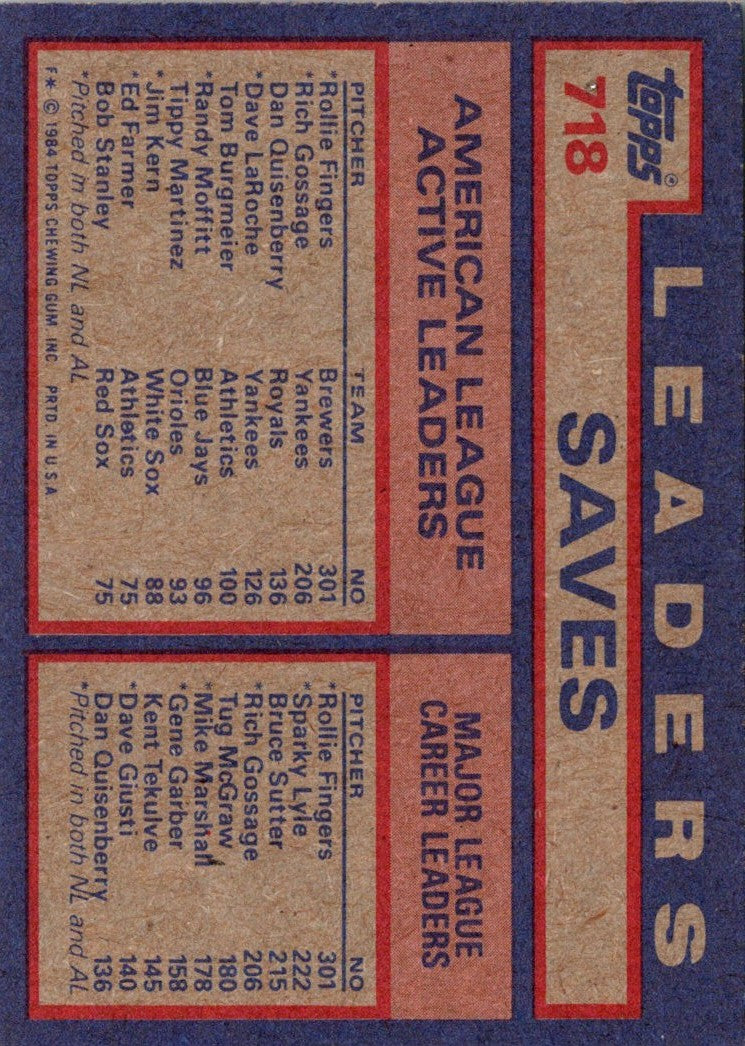 1984 Topps AL Active Career Save Leaders - Rollie Fingers/Rich Gossage/Dan Quisenberry ACL