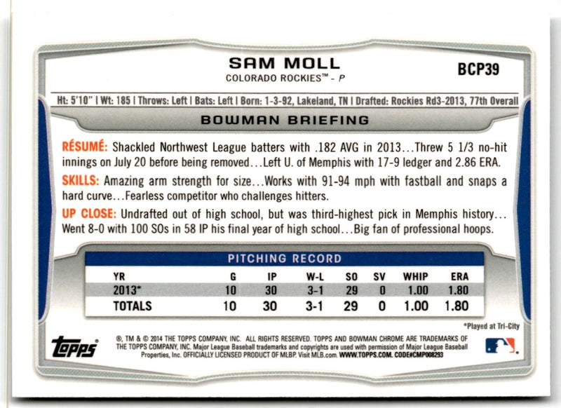 2014 Bowman Chrome Prospects Sam Moll