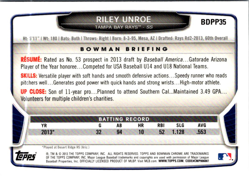 2013 Bowman Draft Picks & Prospects Chrome Riley Unroe