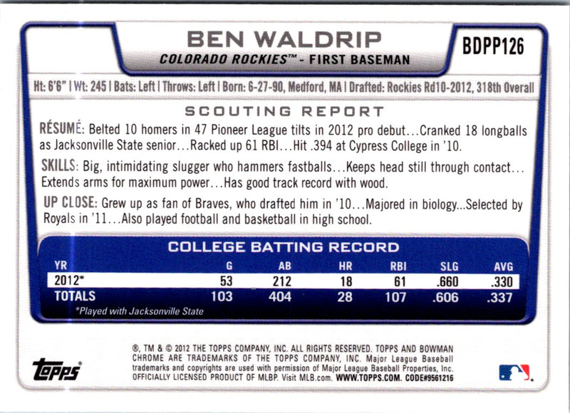2012 Bowman Chrome Prospects Ben Waldrip