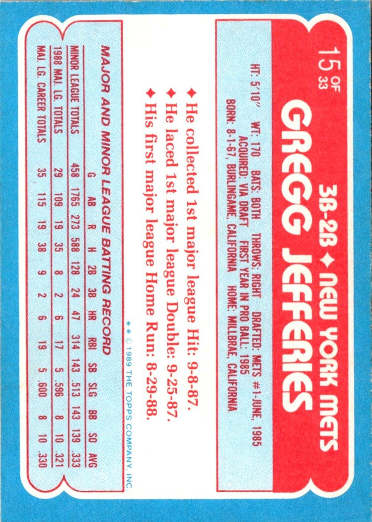 1989 Topps Toys'R'Us Rookies Gregg Jefferies