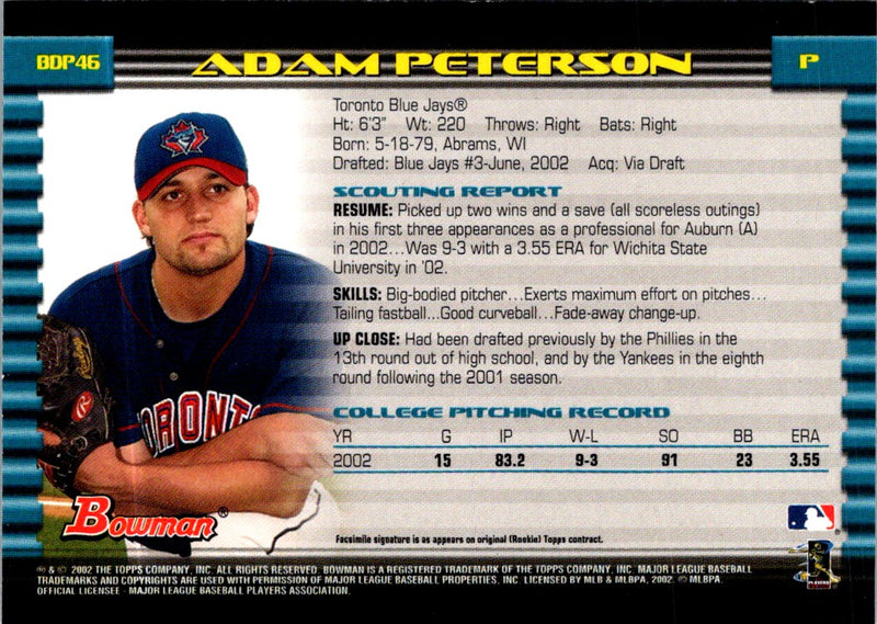 2002 Bowman Draft Picks & Prospects Adam Peterson