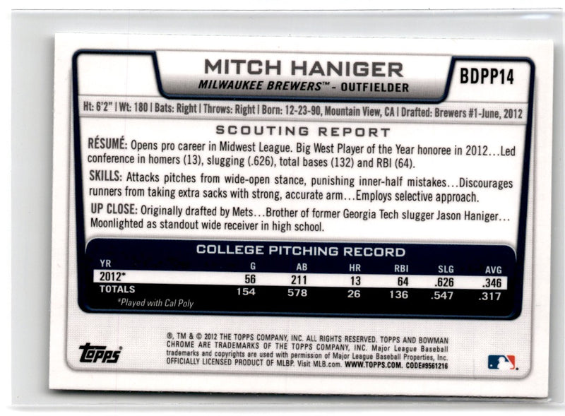 2012 Bowman Draft Picks & Prospects Chrome Mitch Haniger