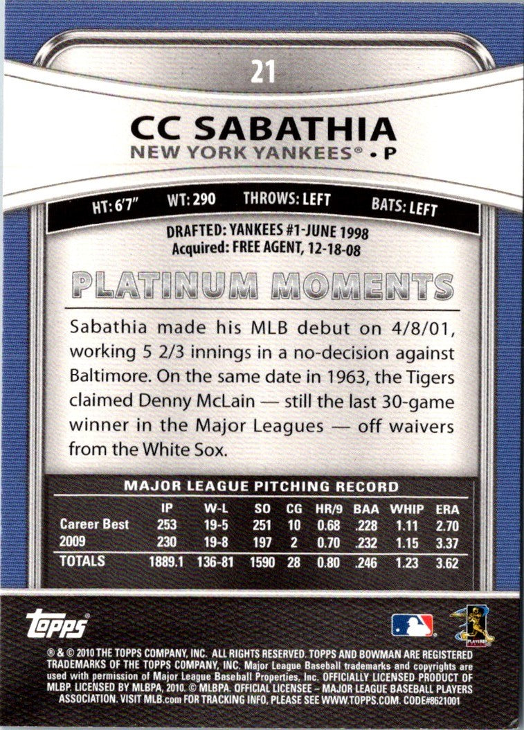 2010 Bowman Platinum CC Sabathia