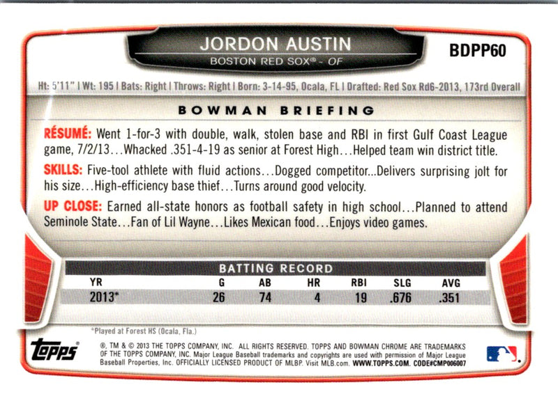 2013 Bowman Draft Picks & Prospects Chrome Jordon Austin