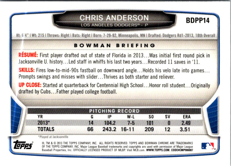 2013 Bowman Draft Picks & Prospects Chrome Chris Anderson