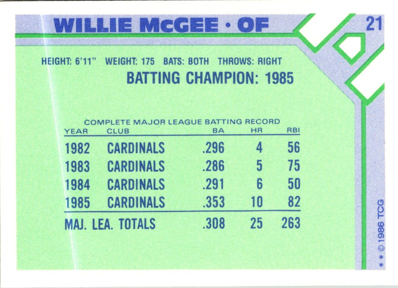 1986 Topps Baseball Champion Superstars Willie McGee
