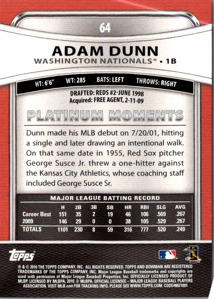 2010 Bowman Platinum Adam Dunn