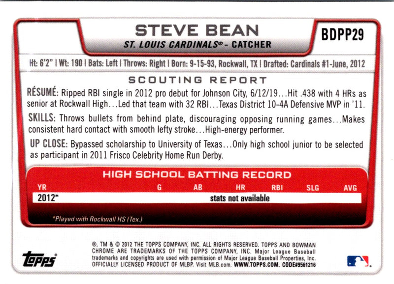 2012 Bowman Draft Picks & Prospects Chrome Steve Bean