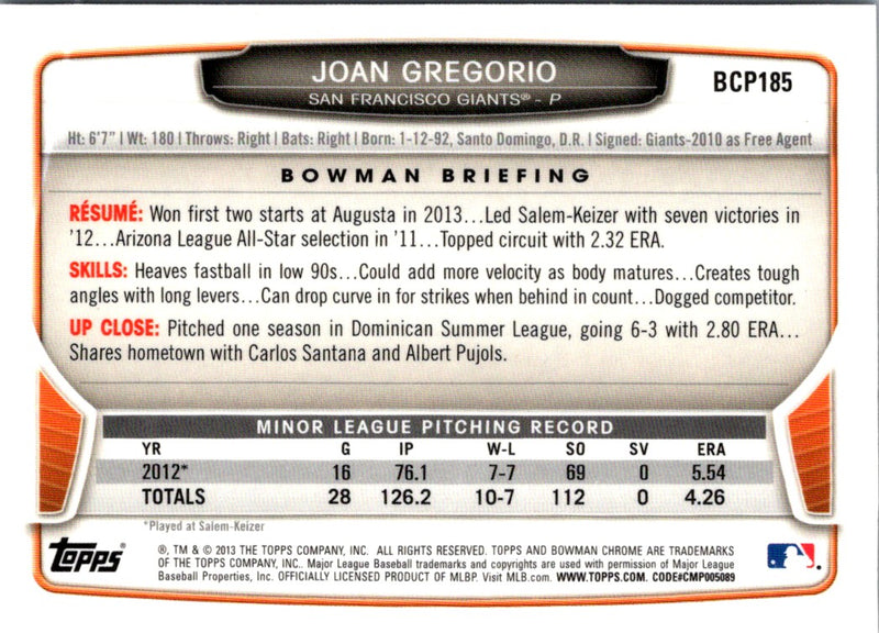 2013 Bowman Chrome Prospects Joan Gregorio