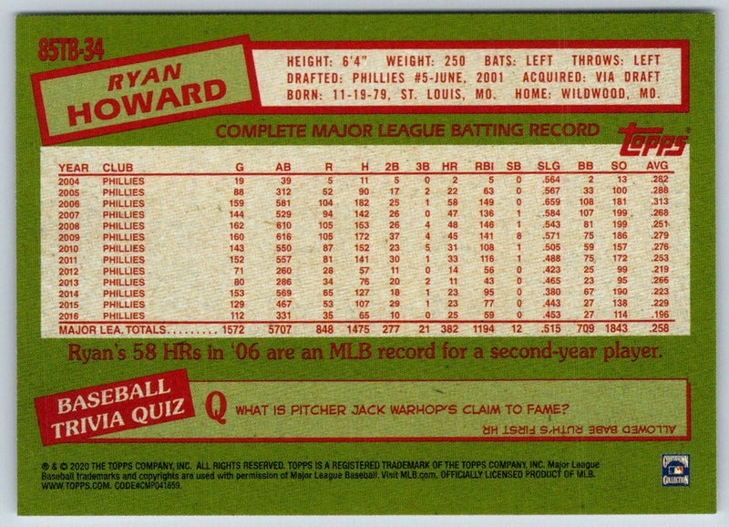 2020 Topps Update 1985 Baseball 35th Anniversary Ryan Howard