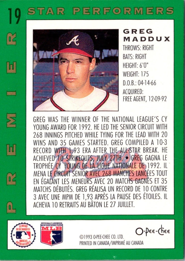 1993 O-Pee-Chee Premier Star Performers Greg Maddux